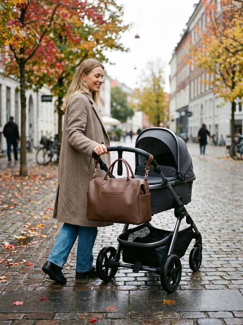 Mor med barnevogn og VIKA Diaper Bag på en efterårsgade