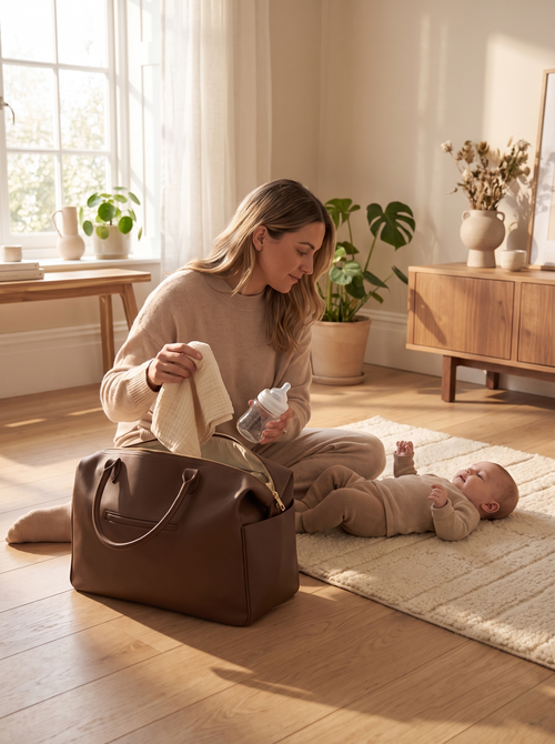Mor pakker VIKA Diaper Bag ud på stuegulvet ved sin baby